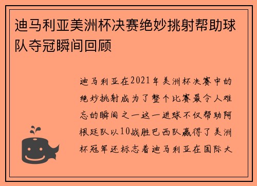迪马利亚美洲杯决赛绝妙挑射帮助球队夺冠瞬间回顾